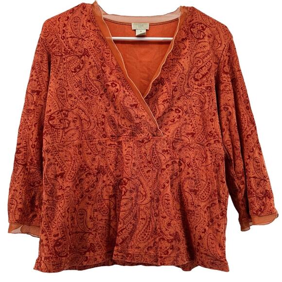 J. Jill Paisley Peplum Blouse Surplice Pullover Career 100% Cotton Orange Medium - Picture 1 of 4